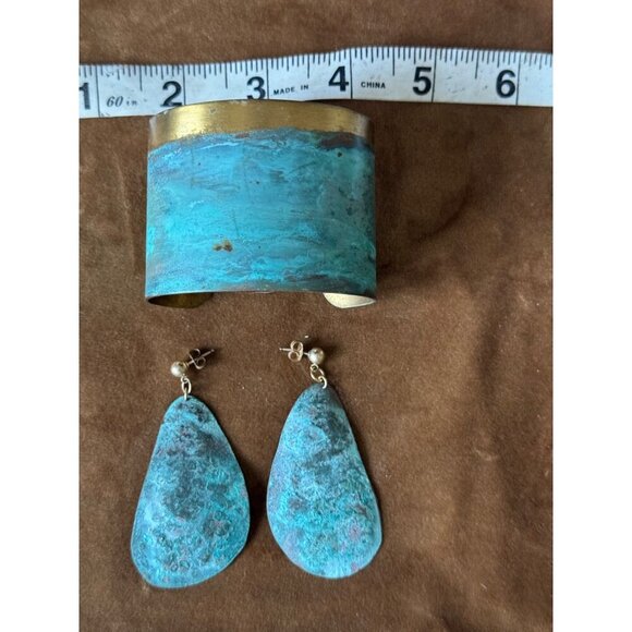 Handmade Wrist Cuff and Matching Earrings Blue and Brass - Picture 2 of 7